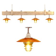 a light fixture with five lights hanging from it's sides and an orange glass shade