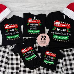 "Looking for a fun and festive way to make your family Christmas gatherings extra special this year? Our \"Most Likely To\" Christmas shirts are the perfect choice! Whether you're gathering with loved ones for a cozy holiday dinner, a spirited gift exchange, or a festive photo session, these shirts will add a touch of humor and personality to your celebrations. Perfect for infants-adults. Available in t-shirts, long-sleeves, and sweatshirts. PERSONALIZATION: You can personalize this shirt with the name/message within the green ribbon. Additionally, you can select the \"most likely to\" message. ------*ADULT T-SHIRTS (UNISEX)*------ SIZE CHART: Small: 34″ to 37″ chest 27 1/2″ length Medium: 38″ to 41″ chest 28 1/2″ length Large: 42″ to 45″ chest 29 1/2″ length XL: 46″ to 49″ chest 30 1/2″ l Cheap Family Christmas T-shirt, Diy Christmas Pajamas Family, Christmas Family Pajamas Ideas, Matching Christmas Pajamas Family, Couples Christmas Pajamas, Most Likely To Christmas Shirts, Family Pajamas Christmas, Family Christmas Pjs, Flannel Pjs