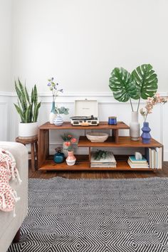 a living room filled with furniture and potted plants on top of it's shelves