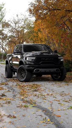 the black truck is parked on the side of the road in front of some trees