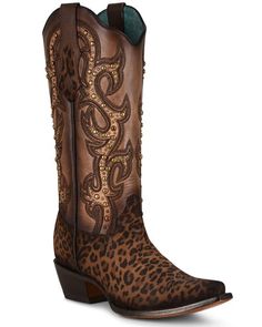 Corral Women's Sand Leopard Print & Studs Western Boots - Snip Toe, Leopard Cute Cowgirl Boots, Cowgirl Boots Outfit, Womens Cowgirl Boots, Leopard Print Boots, Cute Cowgirl, Shoes Boot, Best Boots, Vintage Cowboy Boots, Boot Barn