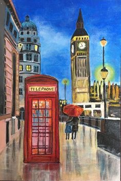 a painting of a red phone booth in the rain with a clock tower in the background