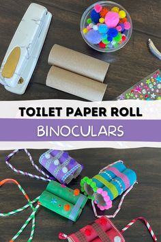 toilet paper roll binoculars and other crafting supplies on a wooden table