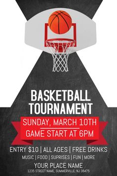 a basketball tournament flyer with an image of a basket on the hoop and red ribbon