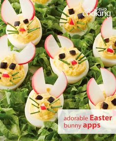 some deviled eggs are decorated like an easter bunny