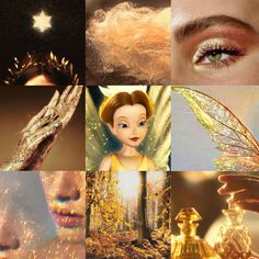 a collage of photos with gold and white glitters on their face, including a fairy