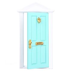 a blue door with two gold handles and a white frame on the bottom half of it