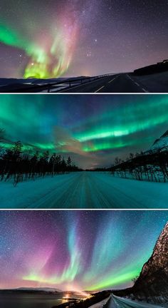 three different shots of the aurora bore in winter time, with green and purple lights