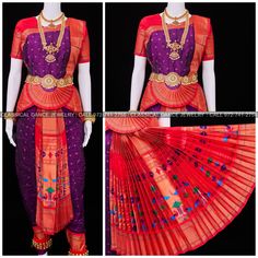 Design by Classical Dance Jewelry® ❥ Traditional Bharatanatyam costume wore during regular dance programs or arrangetram performance. ❥ Material : Paithani Silk ❥ Type : Traditional pant costume ❥ Easy to wear ❥ Triple layer front fan  Dress Measurements in inches ( all the measurements approximately 1 margin buffer) ❥ PANT MEASUREMENTS:  ☛ Pant Length: 38-40 inch  ☛ Pant Waist: 35-37 inch  ☛ Pant Hip: 38-39 ❥ BLOUSE MEASUREMENTS:  ☛ Blouse length: 14-15 inch  ☛ Blouse Shoulder length: 16 -17 inch  ☛ Blouse around Bust: 36-38 (extra margin) inch  ☛ Blouse Lower Chest: 33-35 inch  ☛ Blouse Sleeves length: 7-9 inch  ☛ Blouse sleeve round: 12 - 13 inch  ☛ Armpit: 16 inch  Set includes     ☛ Pant, Blouse, Dhavani, fans, seat bit etc ❇️ ❇️ ❇️ For Display purposes only we used Jewelry. The price Ceremonial Sets With Pallu In Traditional Drape, Traditional Sets With Tilla And Traditional Drape, Paithani Silk Sets With Motifs For Festivals, Ceremonial Multicolor Sets With Traditional Drape, Festive Paithani Silk Sets For Navratri, Multicolor Saree With Temple Jewelry In Traditional Drape, Saree Sets For Dance Festivals, Multicolor Saree With Temple Jewelry Style, Navratri Dance Saree Set