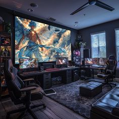 a living room filled with furniture and a large painting on the wall above it's windows