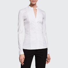 Akris punto blouse in cotton poplin, featuring a jersey back. Split neckline. Long sleeves. Hem hits hips. Fitted. Cotton. Made in Italy. Designer Sportswear, Simple Look, Akris Punto, Georgette Blouse, Dresses Pants, Kimono Sleeve, Striped Blouse, Bergdorf Goodman, Silk Blouse