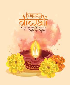 happy diwali greeting card with colorful flowers and lit candle on the occasion of diwali