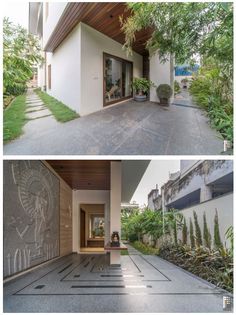 two pictures of the outside and inside of a house with plants in pots on either side