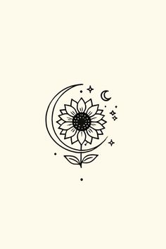 a black and white drawing of a sunflower on a crescent with stars around it