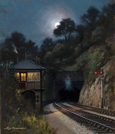 a painting of a train station at night with the moon in the sky above it