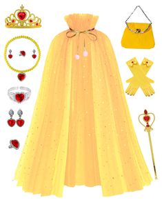 a yellow dress and accessories are arranged on a white background