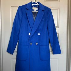 Beautiful Blue Coat Size 2. Used Just Once. I Really Love This Coat But I’m 5’0” And The Coat Is Too Long For Me. In Perfect Condition, Like New!! If You Are Interested, You Can Make An Offer !! Blue Outerwear With Pockets For Office, Blue Office Outerwear With Pockets, Blue Office Outerwear, Chic Blue Outerwear For Work, Chic Blue Business Outerwear, Blue Outerwear With Double Button Closure For Office, Royal Blue Winter Outerwear For Work, Blue Long Sleeve Career Outerwear, Blue Tailored Outerwear