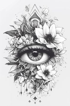 an eye surrounded by flowers and butterflies