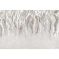 an abstract painting with leaves and branches in grey tones on a white wallpapered background