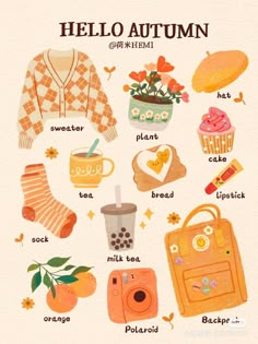 an orange and white poster with different items on it