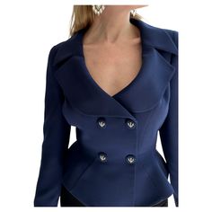 This classic Thierry Mugler blazer is a seriously timeless investment, with so many signature Mugler details making it a highly collectible piece: the exaggerated nipped waist with flared hips, the dramatic lapels, and the anchor details. Mugler drew upon nautical motifs throughout his career, most notably with his 1989 Les Atlantes collection. The navy blue shade is a more unusual take on a classic black evening jacket. There are slight shoulder pads and thoughtful tailoring which enhance the f Mugler Blazer, Vintage Thierry Mugler, Crystal Statement Earrings, Waist Jacket, Evening Jacket, Navy Blue Jacket, The Anchor, Evening Jackets, Thierry Mugler