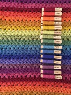 there is a crocheted blanket with many different colors on it and the words written in each row