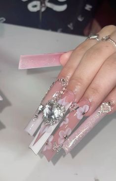 Extra Long Nails With Charms, Teal Nails With Rhinestones, Long Nails With Charms, Extra Long Nails, Nails With Charms, Chloe Nails, Nails With Rhinestones, Quinceanera Nails