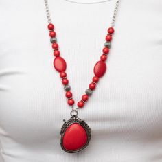 A Lengthened Silver Chain Flows Into A Succession Of Polished Red Stone Beads And Silver Accents. The Flowy Display Gives Way To An Opulent Red Stone That Is Pressed Into An Ornate Silver Frame. Adorned With Fanciful Antiqued Silver Flower, Vine, And Feather-Like Motifs, The Elegantly Rustic Pendant Makes A Striking Impact. Features An Adjustable Clasp Closure. *Listing Price Includes Poshmark Fees Red Summer Necklaces, Elegant Red Necklace For Summer, Yellow Necklace, Brown Necklace, Red Necklace, Friend Necklaces, Coral Jewelry, Pink Necklace, White Necklace