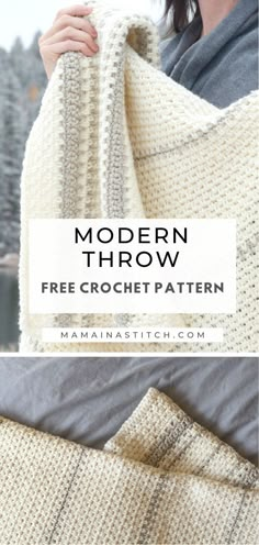 a woman holding up a crocheted blanket with text overlay that reads modern throw free crochet pattern