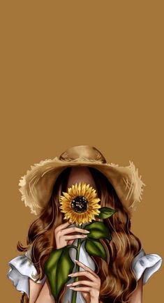 a woman with long hair holding a sunflower in her hand and wearing a hat