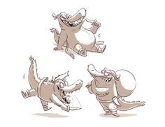 an image of three cartoon alligators doing different things in the same direction, including one jumping