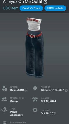 an advertisement for jeans and pants on the app store's mobile phone screen, with text that reads all evez on me outfit