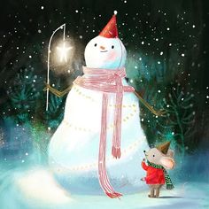 a painting of a snowman and a mouse with a sparkler in their hand