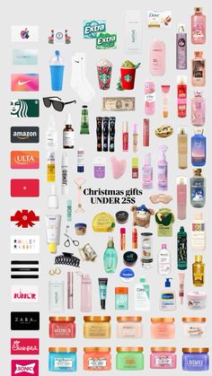 a large poster with many different types of cosmetics on it's sides and the words christmas gifts for her written below