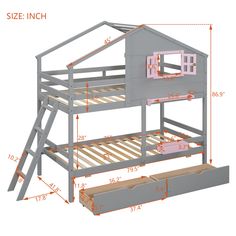 bunk bed with stairs and storage compartment for children's room, size chart in inches