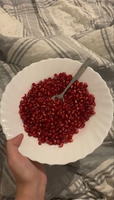 a person holding a white plate with red food on it