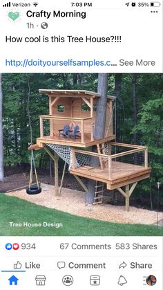 a tree house built into the side of a tree