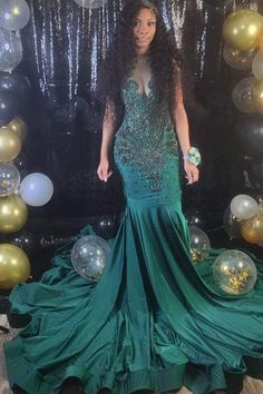 Glorious Long V-Neck Sleeveless Mermaid Prom Dress With Beading Emerald Green Evening Dress, Prom Dress Beaded, Ruffle Prom Dress, Green Evening Dress, Mermaid Prom Dress, Sequin Prom Dress, Prom Dresses Sleeveless, Beaded Prom Dress, Sequin Prom Dresses