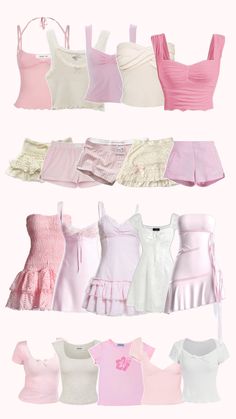 several different types of dresses are shown in this image, including pinks and white