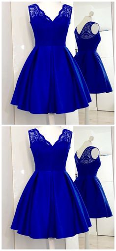 V-Neck Royal Blue Satin Short Homecoming Dress with Royal Blue Confirmation Dress, Royal Blue Bridesmaid Dresses Short, Royal Blue Prom Dress Short, White And Blue Party, Satin Short Dress, Blue Party Dresses, Royal Blue Party Dress, Dance Fits, Royal Blue Cocktail Dress