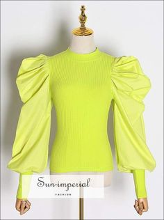 Women yellow Ribbed top with Long Puff Ruched Sleeve O Neck Blouse Luxury Yellow Long Sleeve Shirt, Cheap Yellow Padded Blouse, Stretch Puff Sleeve Solid Color Top, Yellow Stretch Long Sleeve Top, Solid Color Stretch Puff Sleeve Top, Stretch Solid Color Puff Sleeve Top, Yellow Stretch Solid Color Top, Trendy Green Cotton Puff Sleeve Top, Fitted Balloon Sleeve Tops For Winter