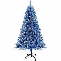 a blue christmas tree on a black stand