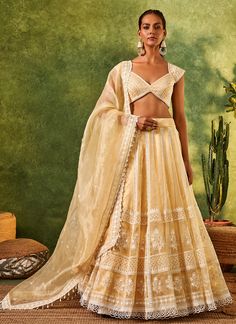 Soft Golden Embroidered Organza Lehenga Organza Dupatta Embroidery, White Ceremony, Golden Lehenga, Dupatta Embroidery, Indian Reception, Gharara Suits, Engagement Lehenga, Indian Dinner, Organza Lehenga