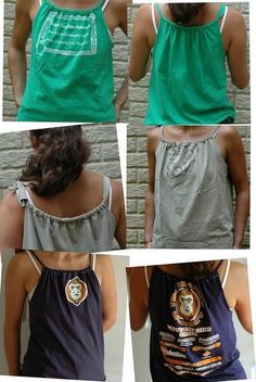 four different pictures of a woman wearing a green shirt with a monkey on it's chest