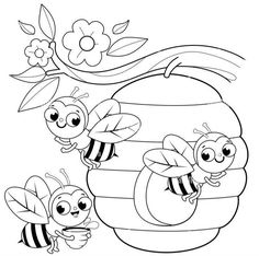 three bees flying around a beehive coloring page