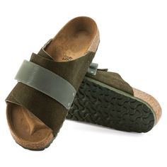 Kyoto Nubuck Leather/Suede Suede Double Strap Slides With Textured Footbed, Suede Slide Footbed Sandals With Leather Footbed, Suede Slides With Removable Insole And Double Strap, Suede Double Strap Slides With Removable Insole, Comfortable Suede Sandals With Buckle Closure, Suede Slide Sandals With Buckle Closure, Suede Slide Sandals With Cork-bed Midsoles, Suede Double Strap Sandals With Textured Footbed, Suede Open Toe Footbed Sandals With Buckle Closure