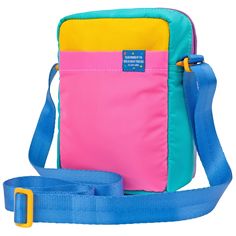 a pink, blue and yellow bag with a strap around it's shoulder area