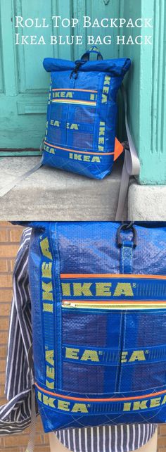 a blue bag sitting on the ground next to a green door with an orange arrow