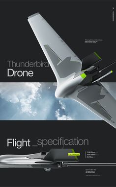 two different types of planes flying in the sky with captions below them that read thunderbird, drone, and flight specfication