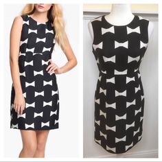 - Excellent Pre-Owned Condition - Black & White Sleeveless Cocktail Dress - Fully Lined - 100% Polyester - Women’s Size 4 Armpit To Armpit - Approx 17” Length - Approx 34” - Smoke-Free Home Cr2 Chic Fitted Mini Dress With Bow Print, Sleeveless Workwear Dress With Bow, Elegant Fitted Dress With Bow Print, Elegant Black Dress With Bow Print, Black Spring Dress With Bow Print, Spring Black Dress With Bow Print, Fitted Bow Print Summer Dress, Black Bow Print Dress For Spring, Black Dress With Bow Print For Spring